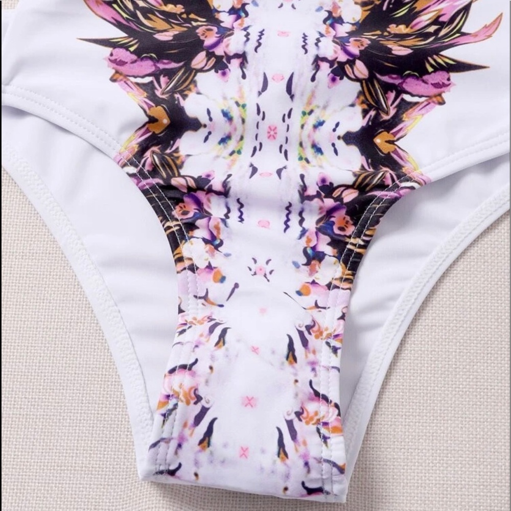 White High Waist Swimsuit in Pink Floral Tummy Control Size Large Size 8 10 - Picture 4 of 5